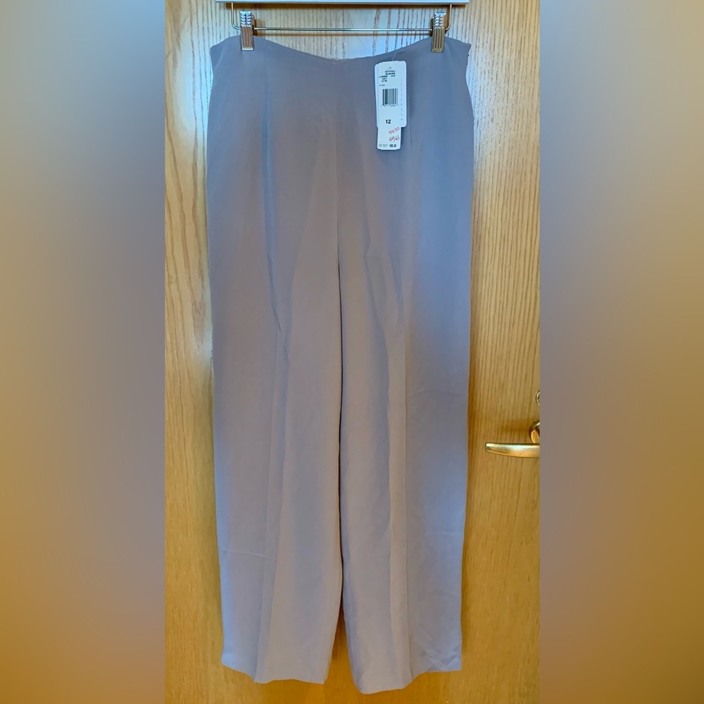NWT Rena Rowan Flat Front Side Zip 100% Silk Straight-Leg Lavendar Pants -12